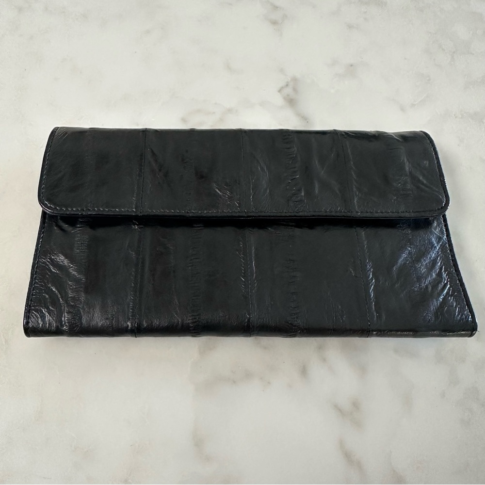 Vintage Eel Skin Black Leather Clutch/Wallet with coin pouch & gold clasp.